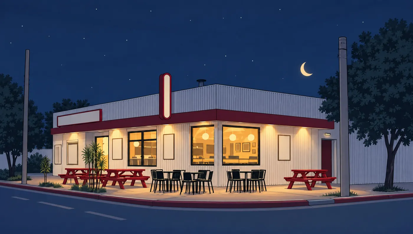 Ilustración del local de Frich 'n Fries en la esquina, con mesas de picnic rojas en la vereda