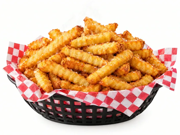 Canastita de papas onduladas con papel a cuadros rojo y blanco